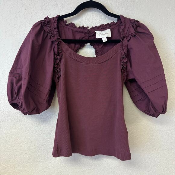 Cleobella Lois Short Puff Poplin Sleeve Blouse in Plum Size XS - Picture 2 of 7